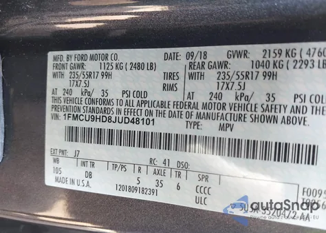 2018 Ford Escape Sel из США, поврежденный, VIN 1FMCU9HD8JUD48101